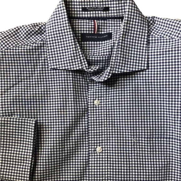 Tommy Hilfiger Navy Check Reg Fit Stretch Casual Dress Shirt L Wrinkle Resist - Picture 2 of 7
